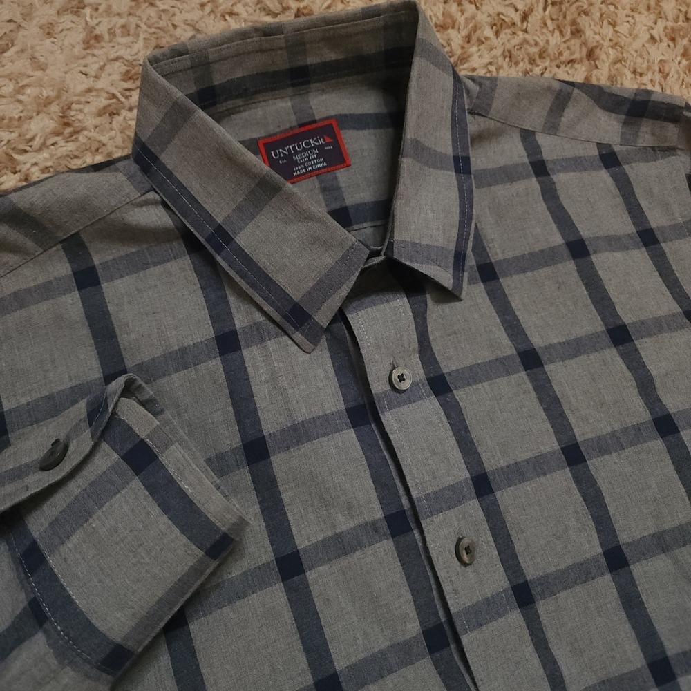 UNTUCKit Button Down Shirt Mens Medium Grey Navy Plaid Slim Fit Long Sleeve